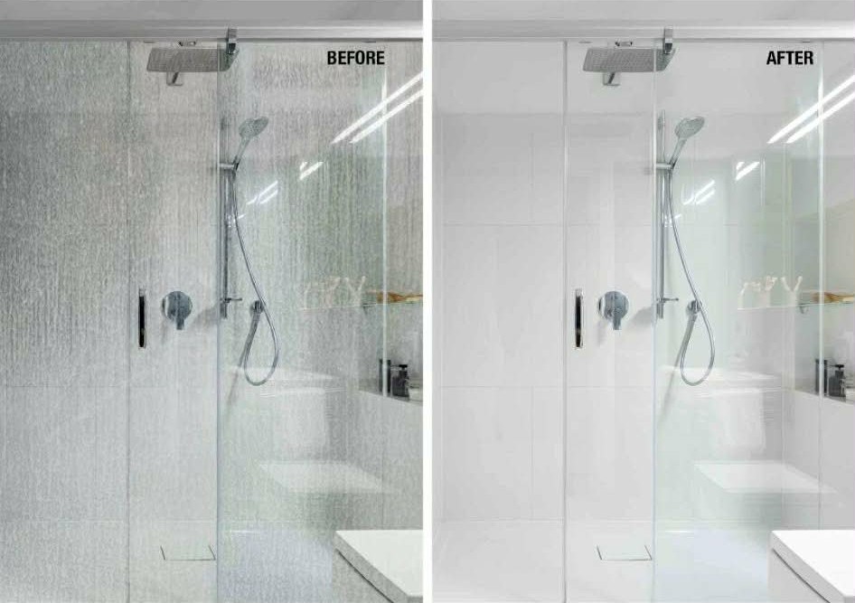 Glass shower door before and after deep cleaning. Soap-scum-covered glass on the left, crystal-clear glass on the right